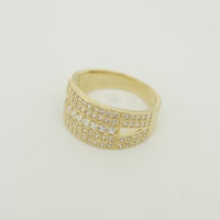 14KT Gold Ring Men's Split Band Seven White CZ Stone Center Row with Double Row Top/Lower White CZ Stone Border and Triangle Cutout on Each Side