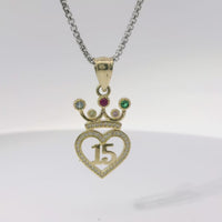 14KT Gold Charm Small Quinceanera "15" White CZ Stones Heart Outline with Multi Color Crown and Plain Bell