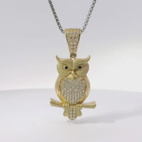 14KT Gold Charm Medium 3D Owl Flat Back with Black Eyes and White CZ Stone Body and Bell