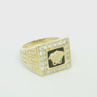 14KT Gold Ring Men's Square Onyx Medusa Head White CZ Top Stones Border Side Design Greek