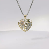 14KT Gold Charm Medium Tri Tone Flat Left Rose Heart with White CZ Stones Right Side Flower and Plain Bell
