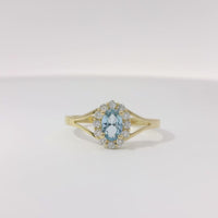 14KT Women's Gold Ring Mini Oval Light Blue Center CZ Stone with Round White CZ Stones Border and Plain Split Band