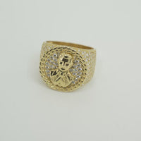14K Gold Ring Men's Round Coin Malverde with Cuban Border and 12 Rows of White CZ Stones on Each Side of Band