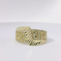 14KT Gold Ring Women's Jumbo White CZ Stone Greek Band with Diamond Cut Lightning Bolt Across Center of Band