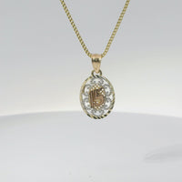 14KT Gold Charm Small Oval Tri Tone "15" Quinceanera Center with Open Swirl Background, Diamond Cut Border, and Plain Bell