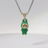 14KT Gold Charm Small 3D Dark Green Enamel LaBuBu Body and White CZ Stones Bell