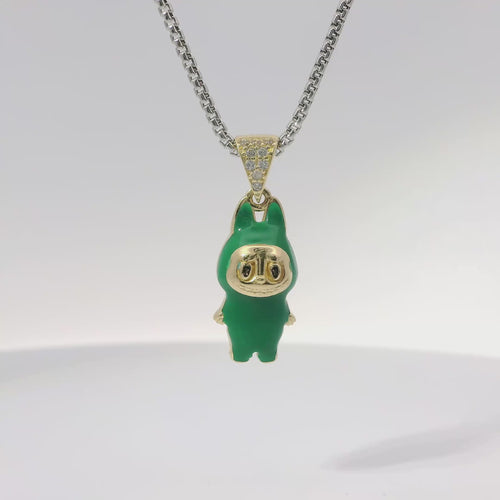 14KT Gold Charm Small 3D Dark Green Enamel LaBuBu Body and White CZ Stones Bell