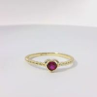 14KT Gold Ring Women's Red Round CZ Stone Center with Plain Heart Shape Border and Plain Beaded Band