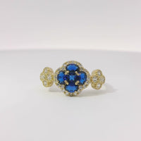 14KT Gold Ring Women's Jumbo Flower Navy Blue Square CZ Stone Center Four Navy Blue CZ Stone Oval Petals with Two White CZ Stone Side Flowers and Borders with Plain Band