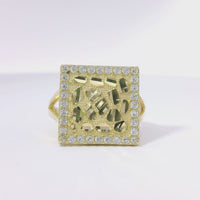 14KT Gold Ring Women's Square Nugget Center with White CZ Stones Border and Plain Split Band