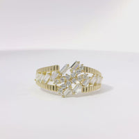 14KT Gold Ring Women's Light Weight Baguette White CZ Stone Open Snowflake Center Mock Bypass Band