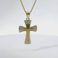 14KT Gold Charm Medium Two Tone Greek Center Cross with Flared Ends, White CZ Stones Tips and Plain Bell