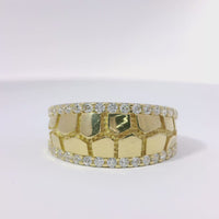 14KT Gold Ring Unisex Jumbo Nugget Band with White CZ Stone Border