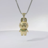 14KT Gold Charm Small 3D Diamond Cut LaBuBu Body, Dark Green CZ Stones Necklace, Black Enamel Eyes and White CZ Stones Bell