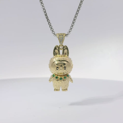 14KT Gold Charm Small 3D Diamond Cut LaBuBu Body, Dark Green CZ Stones Necklace, Black Enamel Eyes and White CZ Stones Bell
