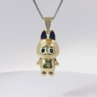 14KT Gold Charm Large 3D Enamel Navy Blue Ears LaBuBu with White CZ Stones Bell