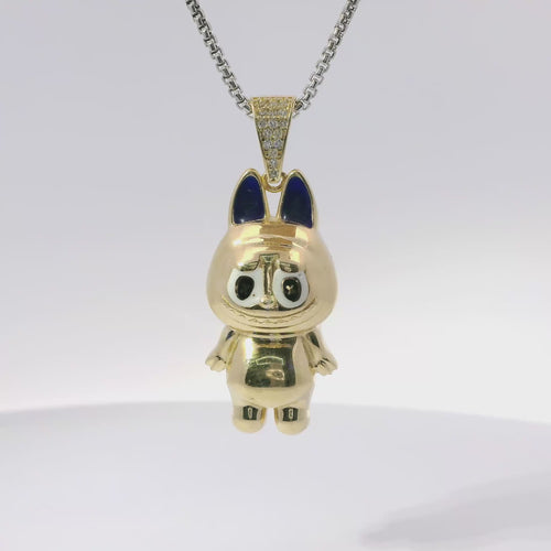 14KT Gold Charm Large 3D Enamel Navy Blue Ears LaBuBu with White CZ Stones Bell