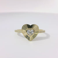 14KT Gold Ring Women's Light Weight White CZ Heart Stone Center with Plain Sunray Heart Border and White CZ Stones Band