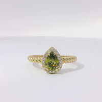 14KT Gold Ring Women's Yellow Pear Shape Center CZ Stone White CZ Stones Border Plain Rope Band