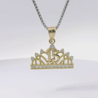 14KT Gold Charm Medium Quincenaera "15" Center Seven White CZ Stones Tiara Top and White CZ Stones Band with Plain Bell