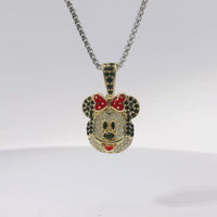 14KT Gold Charm Mickey Mouse Head with White CZ Stone Face Black CZ Ears and Bell with Red Enamel Bow and Tongue and Black Enamel Eyes and Nose