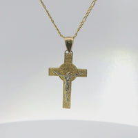 14KT Gold Charm Medium Two Tone St Benedict Coin Center Cross with Plain Bell
