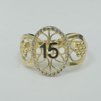 14KT Gold Ring Women's "15" Open Floral Oval Quinceanera Center with White CZ Stones Border Open Hearts on Shank with Seven Dot Flower Design and a Plain Band