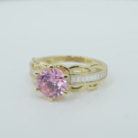 14KT Gold Ring Women's Round Pink 6 Prong Center CZ Scallop Border Baguette Band