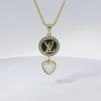 14KT Gold Charm Extra Small LV Coin with Black Enamel Center, White CZ Stone Border, White Enamel Hanging Heart and Plain Bell