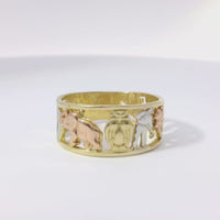 14KT Gold Ring Women's "Good Luck" Tri Tone Open Split Band with Plain Borders Flower, Seven, Horseshoe, Elephant, Owl, Man, Eye, Flower with Plain Border