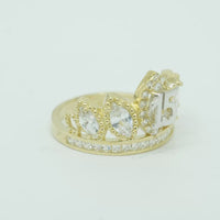 14KT Gold Ring Women's "15" Quinceanera Crown White CZ Stones with White Square CZ Stones Band Plain Shank