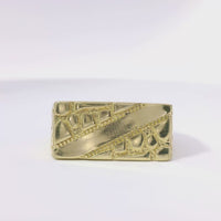 14KT Gold Ring Men's Rectangle Nugget with Engravable Diagonal Plain Stripe Center Line Dotted Borders Center and Nugget Band