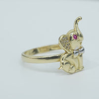 14KT Gold Ring Women's Two Tone Elephant White CZ Stones Ear Dark Pink CZ Stone Eye Plain Band