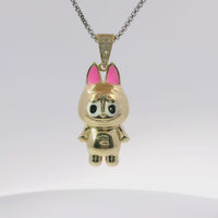 14KT Gold Charm Large 3D Enamel Pink Ears LaBuBu with White CZ Stones Bell