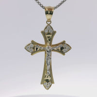 14KT Gold Charm Large Flare End Cross with White CZ Stones Tips and Two Tone Jesus Crucifix Center and Plain Bell