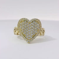 14KT Gold Ring Women's Heart Shape White CZ Stone Center Plain Outline White CZ Stone Border Cuban Link Band