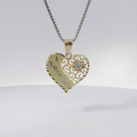 14KT Gold Charm Jumbo Tri Tone Flat "I Love You" Heart with White CZ Stone Right Side Flower and Plain Bell
