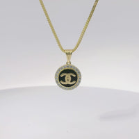 14KT Gold Charm Extra Small CC Coin with Black Enamel Center, White CZ Stone Border, and Plain Bell