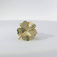 14KT Gold Earrings Medium Five White CZ Stones Petal Flower with Plain Border, Push Back Post, and Butterfly Backs