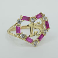 14KT Gold Ring Women's "15" Quinceanera Dark Pink / White CZ Stones Open Heart and Plain Split Band