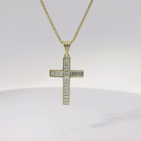 14KT Gold Charm Medium Baguette CZ Stone Cross with Plain Bell