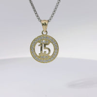 14KT Gold Charm Small Round Quinceanera "15" Open Center with White CZ Stone Outline Plain Bell