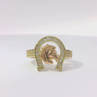 14KT Gold Ring Women's Two Tone Plain Horsehead Portrait with White CZ Stones Horseshoe Border and Band