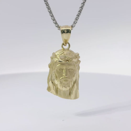 14KT Gold Charm Medium Diamond Cut Slant Bottom Jesus Head Front Portrait with Plain Bell
