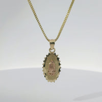 14KT Gold Charm Small Two Tone Spiked Oval Virgin Mary Coin with Diamond Cut Edge and Plain Bell