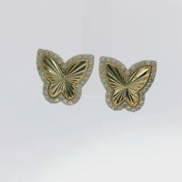 14KT Gold Earrings Medium Sunray Butterfly with White CZ Stones, Push Back Post and Butterfly Backs