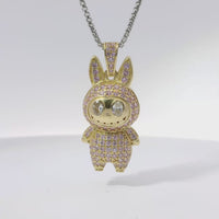 14KT Gold Charm Large 3D Flat Back LaBuBu White Oval CZ Stones Eyes, Pink CZ Stones Body and Bell