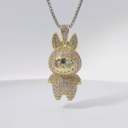 14KT Gold Charm Large 3D Flat Back LaBuBu White Oval CZ Stones Eyes, Pink CZ Stones Body and Bell