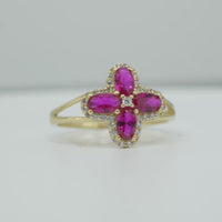 14KT Gold Ring Women's Jumbo Four Petal Flower Dark Pink Petals with White CZ Center Stone and Border Plain Split Band