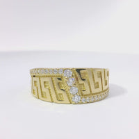 14KT Gold Ring Women's Jumbo Greek Center with White CZ Stone Lightning Bolt Across Center of Band